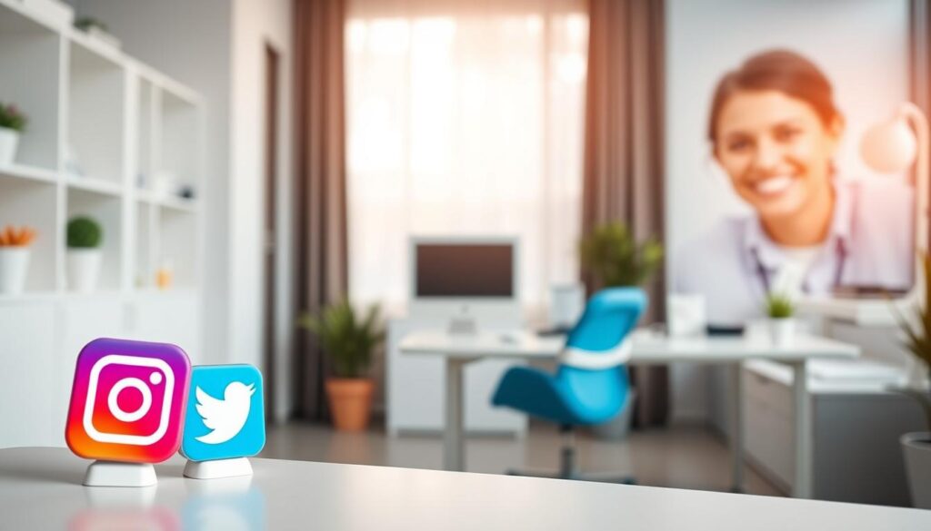 A professional, modern dental clinic with a clean, minimalist aesthetic. The foreground features a variety of social media icons - Facebook, Instagram, Twitter, LinkedIn - artfully arranged against a white background. The middle ground showcases a minimalist desk setup with a laptop, smartphone, and other office accessories, hinting at the clinic's online presence and digital marketing efforts. The background has a soft, blurred image of a smiling dental patient, conveying the importance of patient engagement and community-building through social media. Warm, natural lighting casts a pleasant glow over the scene, and the overall composition suggests a harmonious blend of traditional dental care and innovative digital marketing strategies.