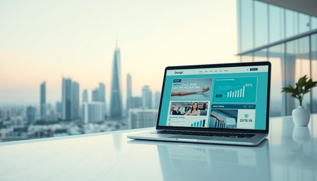A professional, modern marketing campaign for a dental clinic, with creative strategies and tactics displayed in a clean, minimalist style. In the foreground, a grid of icons representing digital marketing elements such as social media, email, SEO, and online advertising. In the middle ground, a large laptop or tablet device showcasing successful dental marketing campaigns and metrics. In the background, a serene, pastel-colored cityscape with sleek, contemporary architecture. Soft, diffused lighting casts a warm, inviting glow. Captured with a wide-angle lens to emphasize the expansive, aspirational nature of dental marketing strategies.