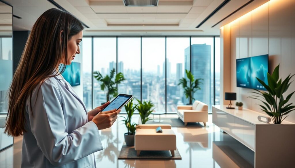A professional, sleek dental clinic with modern digital displays and devices showcasing online marketing strategies. In the foreground, a woman in a white coat engaged with a tablet, highlighting campaign metrics and analytics. The middle ground features a clean, minimalist reception area with stylish furnishings and verdant potted plants, reflecting the clinic's attention to detail. The background depicts a large, full-length window overlooking a bustling urban landscape, symbolizing the clinic's digital reach and connection to the broader community. The lighting is warm and natural, creating a welcoming and professional atmosphere. The composition emphasizes the integration of digital marketing and the clinic's commitment to patient care and innovation.