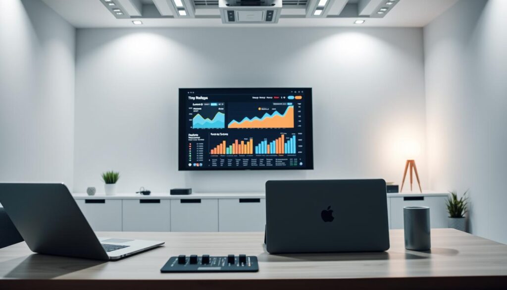 A professional, sleek digital marketing office with a modern and minimalist aesthetic. In the foreground, a workspace with a laptop, tablet, and smartphone, representing the digital tools used for efficient time management strategies. In the middle ground, a large monitor displaying analytics and optimization charts, showcasing the data-driven decision making. The background features clean white walls, subtle ambient lighting, and digital device icons, conveying the technological and forward-thinking nature of the digital marketing environment. The overall scene radiates a sense of productivity, organization, and the time-saving benefits of effective digital marketing strategies.
