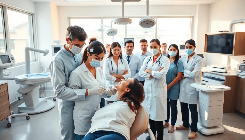A professional, well-aligned dental team stands in a modern, sunlit clinic. In the foreground, a dentist and dental assistant work together, their movements coordinated and efficient as they examine a patient's teeth. The middle ground reveals a team of dental hygienists, radiologists, and administrative staff, all focused on their respective roles. In the background, state-of-the-art equipment and clean, organized workspaces create a calm, reassuring atmosphere. Warm lighting casts a soft glow, highlighting the team's expertise and commitment to patient care. The overall scene conveys a sense of unity, expertise, and a patient-centric approach to modern dentistry.