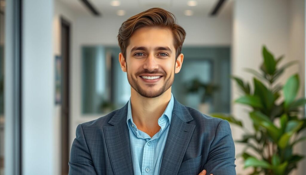 A professional, well-dressed individual with a warm, friendly demeanor stands in a modern, minimalist office setting. The person's gaze is direct and their expression is one of approachable competence. The lighting is soft and diffused, creating a sense of calm and focus. The background features clean lines, neutral tones, and a touch of greenery, suggesting a space conducive to productive work. The overall composition conveys a strong, relatable persona well-suited for dental marketing efforts.