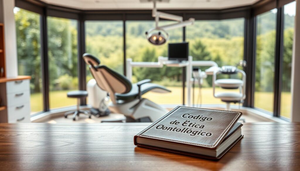 A professional, well-lit dental office interior with an elegant wooden table in the foreground displaying a leather-bound book with "Código de Ética Odontológico" embossed on the cover. In the middle ground, a modern ergonomic dental chair and equipment stand, conveying a sense of clinical precision. The background features a large window overlooking a lush, verdant landscape, creating a calming, nature-inspired atmosphere. The overall scene exudes a sophisticated, authoritative, and trustworthy ambiance, befitting the subject of dental ethics.