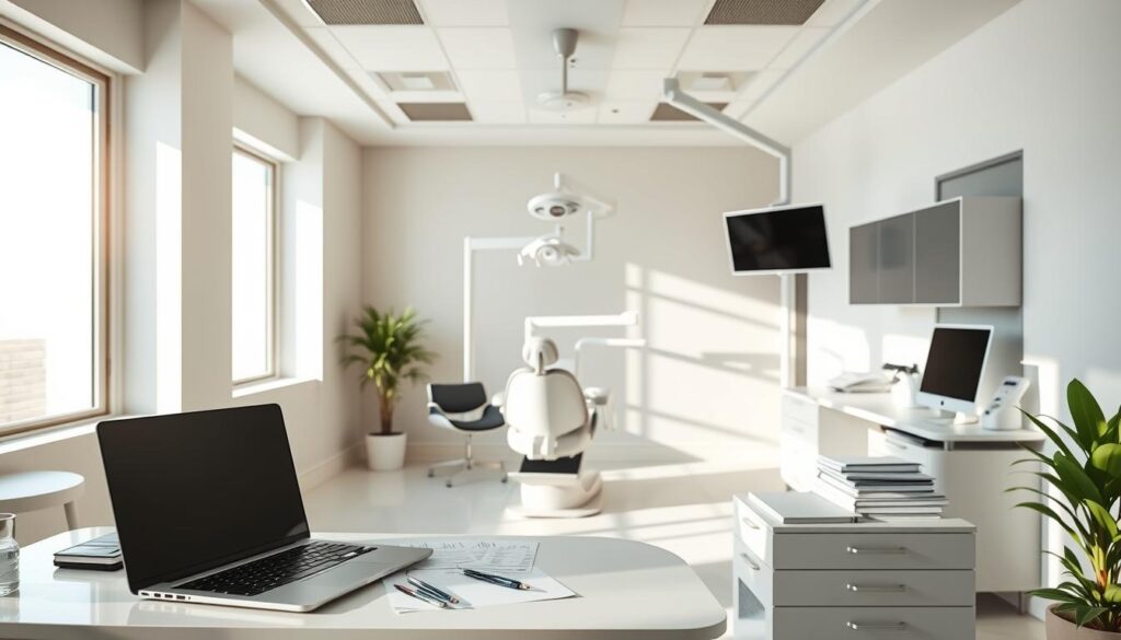 A professional, well-lit dental office interior with sleek, modern furniture and equipment. The foreground features a dentist's desk with a laptop, dental tools, and neatly organized patient files. In the middle ground, a patient chair with advanced dental technology overhead. The background showcases a serene, minimalist waiting area with neutral-toned walls, a potted plant, and natural lighting streaming in through large windows. The overall atmosphere conveys a sense of clinical efficiency, technological advancement, and patient comfort, appropriate for a dental practice focused on results-driven analytics.