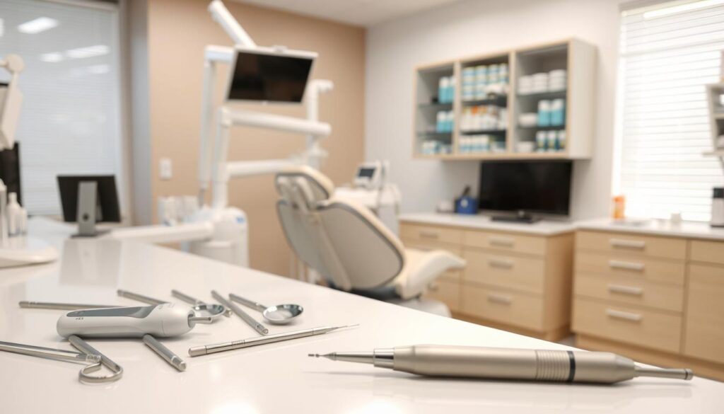 A professional, well-lit dental office interior with various dental instruments and tools meticulously arranged on a clean, white counter. In the foreground, a modern electric dental drill, dental mirrors, and other precise tools used for procedures. In the middle ground, a sterilized dental chair and equipment such as an x-ray machine, computer monitor, and assistant's workstation. In the background, a wall-mounted cabinet filled with neatly organized dental supplies, reflecting the organized and efficient nature of the practice. The overall scene conveys a sense of technological sophistication, cleanliness, and a focus on patient care and comfort.
