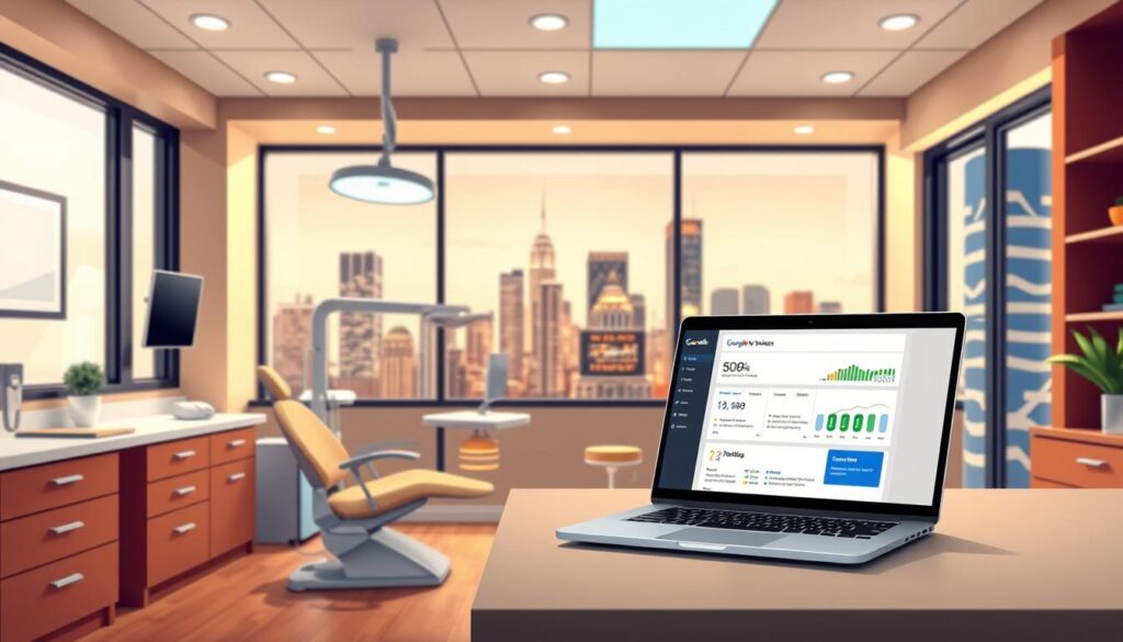 A professional, well-lit digital illustration showcasing Google My Business optimization for dentists. In the foreground, a dentist's office with a warm, inviting atmosphere, featuring clean lines, modern decor, and dental equipment. In the middle ground, a laptop displaying a Google My Business dashboard, with key metrics and optimization tips. In the background, a cityscape with skyscrapers and a vibrant, bustling urban environment. The lighting is soft and evenly distributed, creating a sense of depth and clarity. The overall mood is one of professionalism, efficiency, and the importance of digital marketing for dental practices.