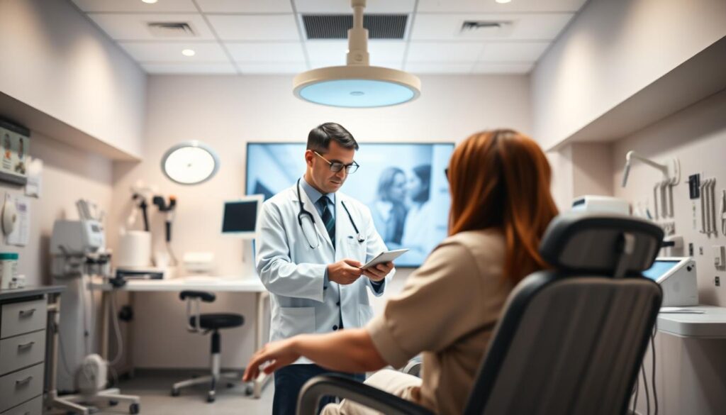 A professional, well-lit medical clinic interior with modern, clean design elements. The middle ground features a large, high-resolution photograph of a doctor examining a patient, creating a sense of medical expertise and care. The background showcases medical equipment and supplies, conveying a sense of a well-equipped, state-of-the-art facility. The lighting is warm and inviting, with soft shadows and highlights that accentuate the textures and details of the scene. The overall mood is one of trust, competence, and a commitment to providing excellent patient care.