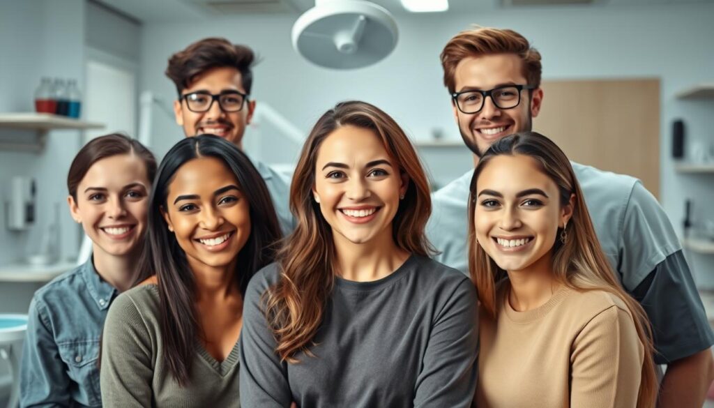 A professional, well-lit portrait of a young, diverse group of people representing different dental patients, with the focus on a middle-aged woman in the center. The subjects have warm, friendly expressions and are dressed in casual, everyday attire. The background is a clean, minimalist healthcare setting with medical equipment and decor, creating a sense of trust and comfort. The lighting is soft and directional, highlighting the subjects' features. The composition is balanced, with the individuals arranged in a natural, conversational pose. The overall mood evokes a welcoming, approachable atmosphere suitable for a dental clinic's patient persona.