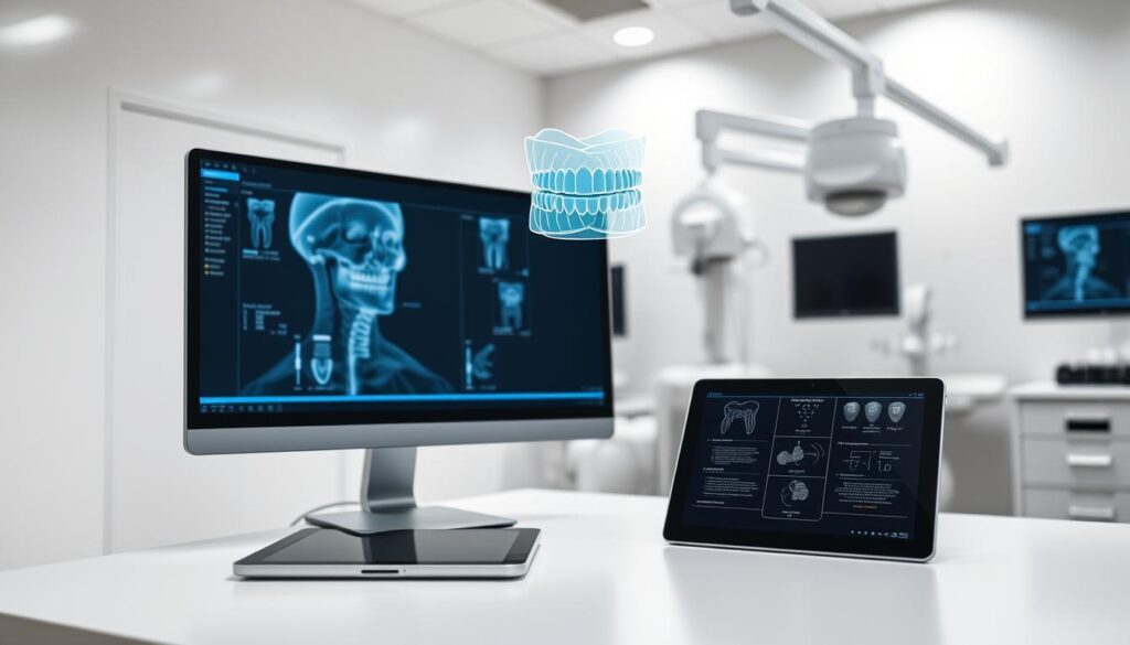A seamless integration of dental systems, showcasing a clean and organized digital workspace. In the foreground, a sleek computer monitor displays patient data, while a high-resolution 3D rendering of dental x-rays hovers above. In the middle ground, a tablet rests on a minimalist desk, its screen revealing a comprehensive treatment plan. The background features a serene, well-lit clinical environment, with state-of-the-art diagnostic equipment subtly visible. The lighting is soft yet precise, casting a professional and efficient atmosphere. The overall composition emphasizes the harmonious fusion of technology and dentistry, highlighting the simplicity and elegance of the modern dental workflow.