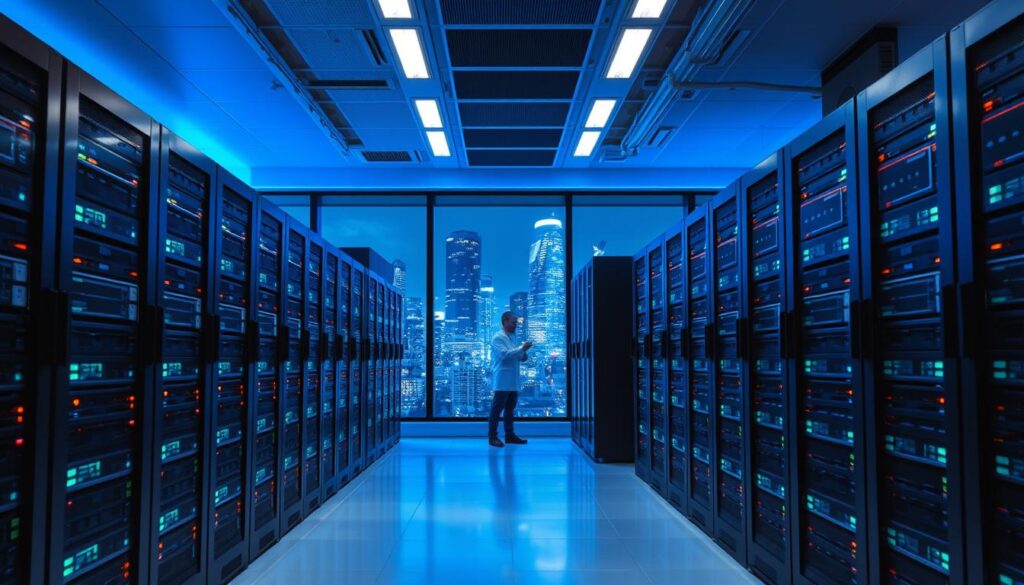 A secure and organized data storage room for a modern dental clinic. In the foreground, rows of state-of-the-art server racks stand tall, their LED indicators softly pulsing. Ambient blue lighting bathes the space, creating a calming, futuristic atmosphere. In the middle ground, a technician in a lab coat diligently maintains the system, ensuring maximum data protection and redundancy. The background features a panoramic window, offering a glimpse of the bustling city skyline, symbolizing the clinic's integration with the digital world. The overall scene conveys a sense of technological sophistication, data safety, and the clinic's commitment to patient privacy in the digital age.