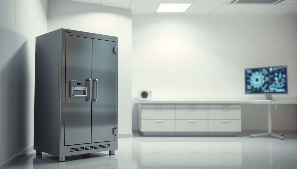 A secure medical cabinet stands in the foreground, its gleaming metal facade reflecting the soft, indirect lighting from above. Surrounding it, a modern, minimalist clinical workspace with clean, white surfaces and subtle textures. In the background, a sleek computer monitor displays intricate data visualizations, hinting at the complex digital infrastructure powering the clinic's data management. The atmosphere conveys a sense of professionalism, privacy, and technological sophistication, befitting the critical task of safeguarding sensitive patient information.