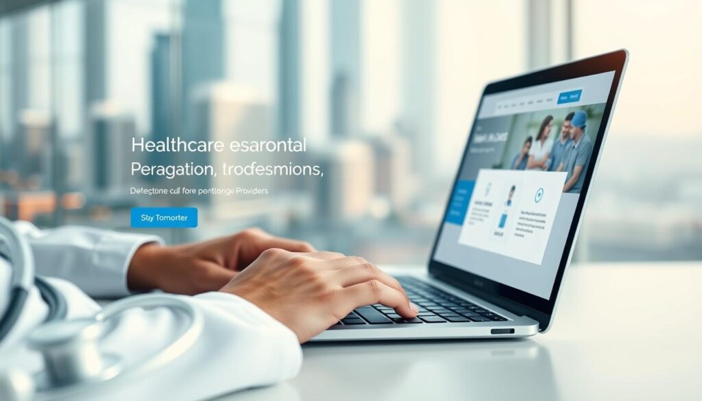 A serene and inviting digital presence for healthcare professionals, showcasing a clean and responsive website design. In the foreground, a doctor's hands type on a laptop, with a medical stethoscope and tablet visible. The middle ground features a soothing color palette of blues and grays, with subtle medical icons and clean typography. The background depicts a blurred cityscape, conveying a sense of professionalism and connectivity. Soft, diffused lighting creates a calming atmosphere, while a wide-angle lens captures the entire scene. The overall impression is one of a modern, accessible, and trustworthy digital presence for healthcare providers.