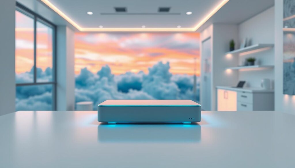 A serene and modern cloud storage solution for a dental clinic. In the foreground, a sleek, minimalist medical-grade data storage device sits atop a pristine white surface. Faint blue LED lights illuminate the edges, conveying a sense of cutting-edge technology. In the middle ground, ethereal clouds drift across a vibrant sky, symbolizing the effortless accessibility and security of cloud-based data management. The background features a crisp, minimalist interior design with clean lines, warm lighting, and medical-themed decor, creating a professional, trustworthy atmosphere. The overall composition exudes a feeling of efficiency, reliability, and technological sophistication tailored for a healthcare setting.