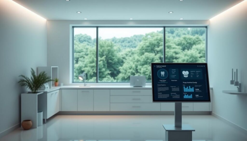 A serene and modern dental clinic, with a minimalist aesthetic and sleek digital displays showcasing patient records, appointment schedules, and treatment plans. The reception area features a large touchscreen monitor, seamlessly integrated into the clean, minimalist design. In the background, a panoramic window offers a calming view of a lush, verdant landscape, creating a warm and inviting atmosphere. Soft, indirect lighting illuminates the space, highlighting the efficiency and professionalism of the digital management system. The image conveys the benefits of a digitally-driven dental practice, including improved organization, streamlined workflows, and enhanced patient experience.