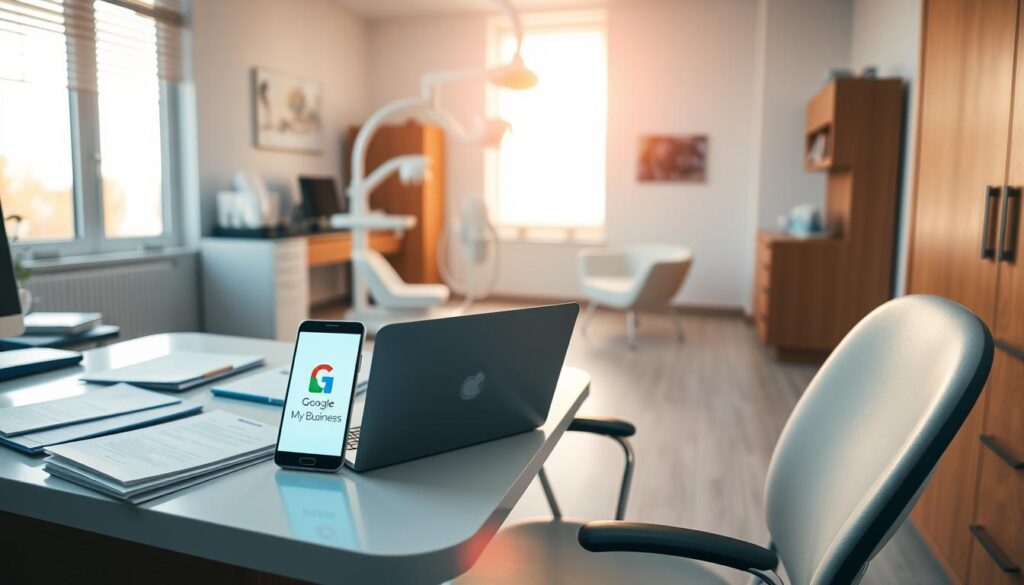 A serene and professional-looking office setting, with a doctor's desk and chair in the foreground. On the desk, a well-organized array of documents, a laptop, and a glowing smartphone displaying the Google My Business logo. The middle ground features medical equipment and a waiting area with clean, modern furnishings. The background showcases a warm, sunlit window, casting a soft glow on the scene. The overall atmosphere conveys a sense of efficiency, technology integration, and a commitment to patient care within a dental practice.
