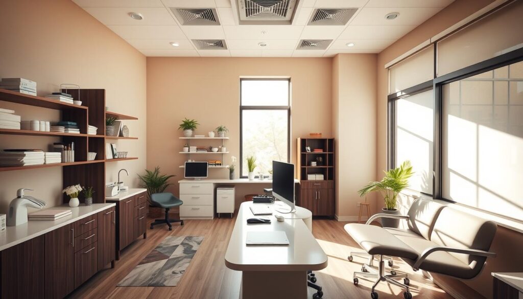 A serene and professional medical office interior, with a focus on dental practice management. Warm, neutral-toned walls and modern furniture create an inviting atmosphere. Geometric shelves display dental supplies and equipment, hinting at the practical, organized nature of an effective dental practice. Diffused natural lighting filters through large windows, casting a soft glow across the space. A central desk area, with a computer and various documents, suggests the administrative and organizational aspects of running a successful dental clinic. The overall impression is one of efficiency, attention to detail, and a commitment to providing high-quality care to patients.