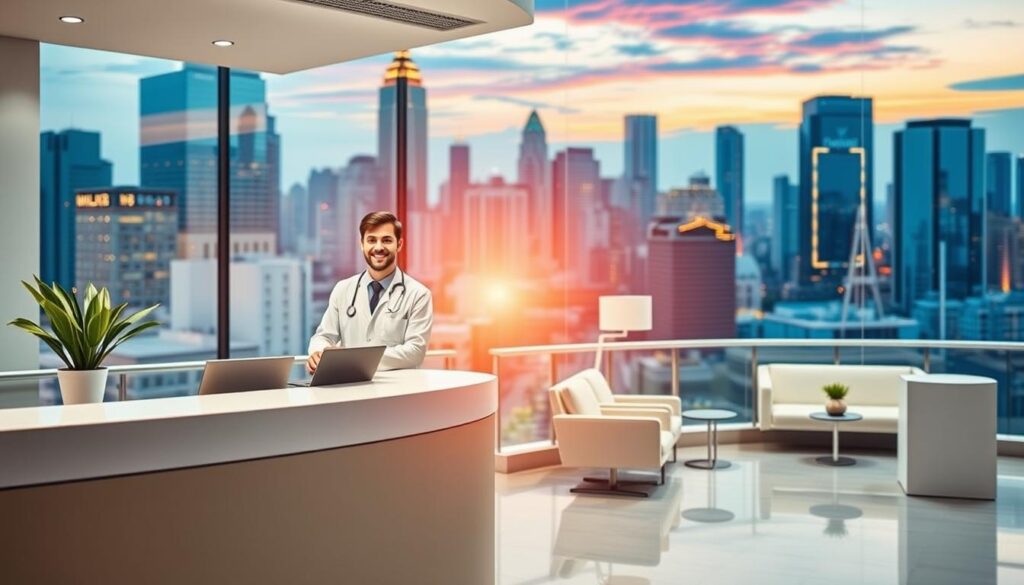 A serene dental clinic set against a vibrant urban backdrop. In the foreground, a modern reception desk with a smiling dentist greeting patients. The middle ground features tastefully designed waiting areas with comfortable seating and subtle dental-themed decor. The background showcases a bustling city skyline, conveying the clinic's integration with the digital world. Warm, natural lighting casts a welcoming glow, while a clean, minimalist aesthetic suggests professionalism and attention to detail. The overall mood is one of trust, care, and the seamless fusion of traditional dental practice and cutting-edge digital marketing.