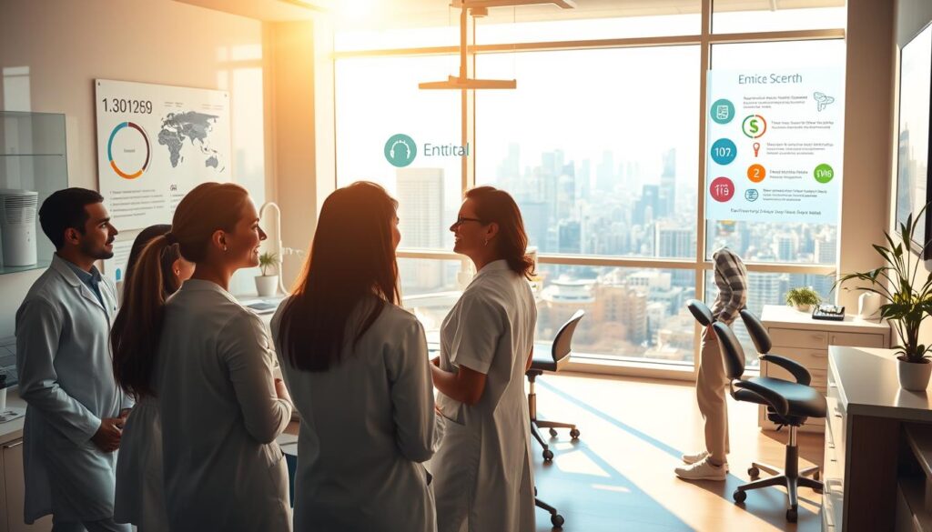A serene dental office, bathed in warm, natural light filtering through large windows. In the foreground, a team of dental professionals engaged in thoughtful discussion, their expressions radiating expertise and care. On the walls, vibrant infographics illustrate the key advantages of dental marketing - improved patient engagement, enhanced brand recognition, and increased practice revenue. In the background, a panoramic view of a thriving city skyline, symbolizing the growth and prosperity that strategic marketing can bring to a modern dental clinic.