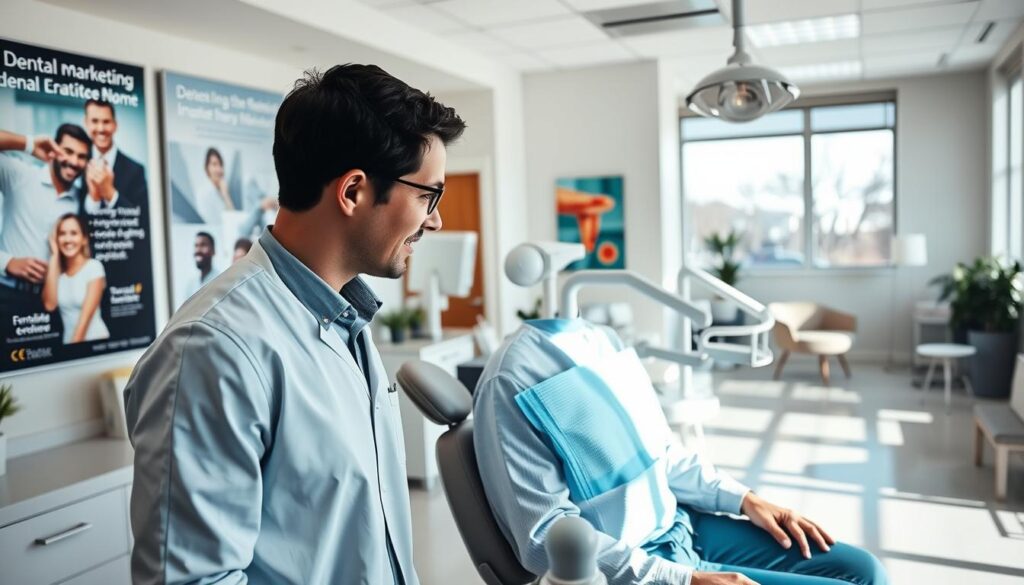 A serene dental office interior, bathed in natural lighting from large windows. In the foreground, a dentist consults with a patient, their expressions conveying trust and care. On the walls, posters and promotional materials showcase the benefits of dental marketing - increased patient engagement, elevated brand reputation, and improved practice growth. The middle ground features modern dental equipment and technology, symbolizing the practice's commitment to excellence. In the background, a tranquil waiting area with comfortable seating and calming decor, reflecting the clinic's focus on patient comfort and satisfaction.