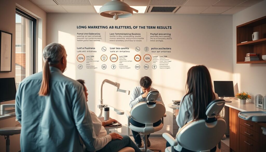 A serene dental office interior, with patients receiving personalized attention from attentive practitioners. The room is bathed in warm, natural lighting, creating a sense of comfort and trust. In the background, a wall display showcases the practice's long-term marketing achievements, such as awards, testimonials, and growth metrics, reflecting the successful transformation of the business over time. The overall atmosphere conveys professionalism, expertise, and a commitment to patient well-being, inspiring confidence in the practice's ability to deliver lasting results.