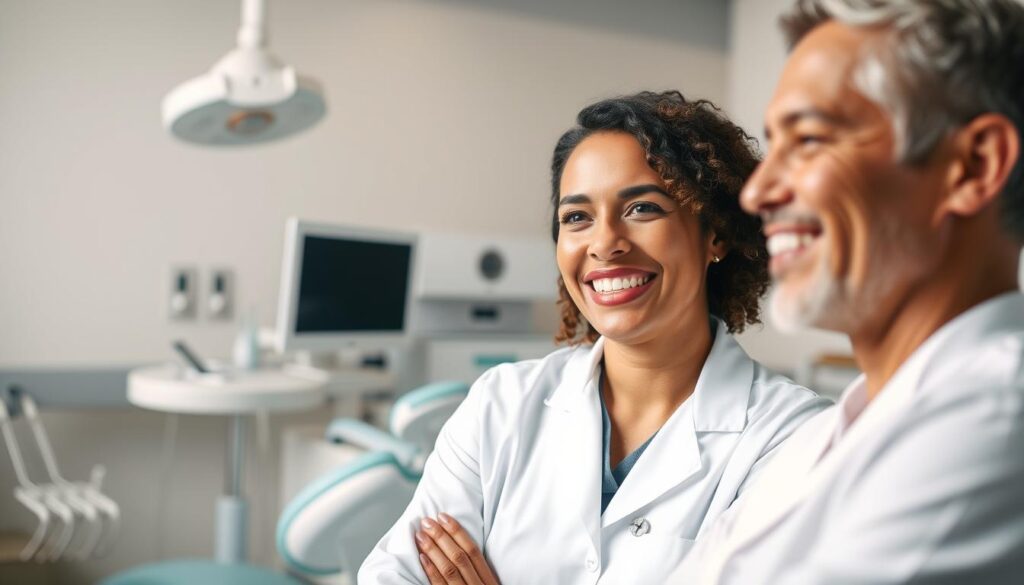 A serene dental office setting, with a warm, inviting atmosphere. In the foreground, a dentist in a crisp, white lab coat consults with a patient, their expressions conveying trust and care. The middle ground showcases dental equipment and tools, meticulously arranged, symbolizing the clinic's commitment to professionalism and ethical practices. The background features a softly lit, soothing color palette, suggesting a tranquil and patient-centric environment. The lighting is natural and diffused, creating a sense of harmony and well-being. The composition is balanced and symmetrical, reflecting the clinic's dedication to ethical and responsible marketing principles.