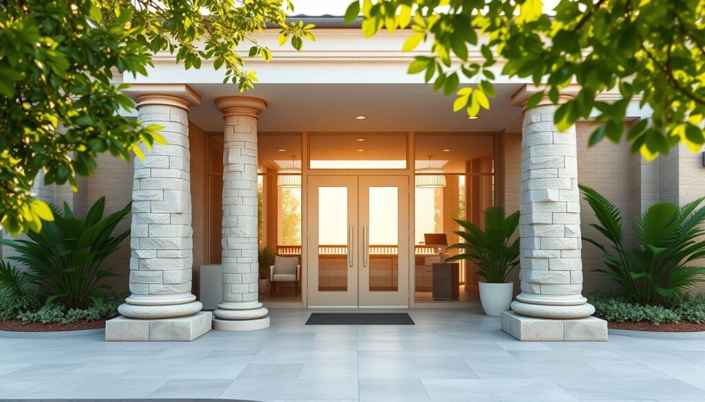 A serene dental office with four sturdy stone pillars supporting the entrance, bathed in warm, natural light. The pillars represent the four key pillars of efficient dental practice management: financial optimization, operational efficiency, patient-centric care, and ongoing professional development. Lush greenery frames the scene, conveying a sense of growth, prosperity, and a commitment to holistic well-being. The clean, minimalist design aesthetic reflects a focus on simplicity, clarity, and attention to detail - the hallmarks of a thriving, well-managed dental clinic.
