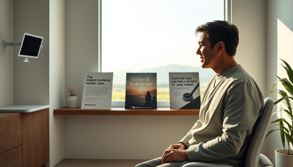 A serene, minimalist dental office with a strong focus on ethical marketing practices. In the foreground, a dentist and patient engaged in a thoughtful discussion, their expressions conveying trust and transparency. The middle ground showcases simple, elegant promotional materials emphasizing the clinic's commitment to patient-centric care. The background depicts a tranquil, natural landscape, suggesting a harmonious balance between technology, professionalism, and the inherent humanity of the dental profession. Soft, natural lighting illuminates the scene, creating a calming, inviting atmosphere. The image conveys the importance of ethical marketing in dentistry, where the well-being of patients takes precedence over promotional gimmicks.