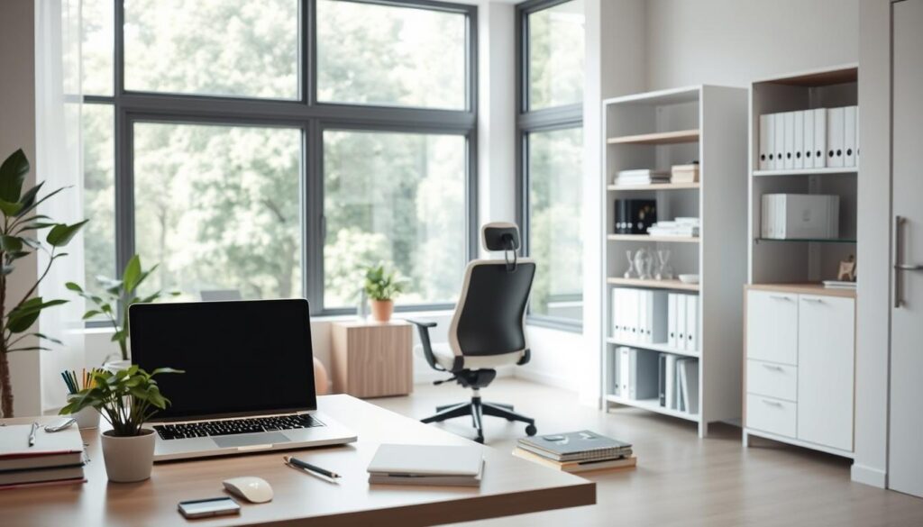 A serene, minimalist office space with natural lighting and clean, modern furnishings. In the foreground, a desk with a laptop, a potted plant, and various office supplies. In the middle ground, a sleek, ergonomic office chair and a bookshelf filled with professional medical journals and textbooks. The background features large windows overlooking a peaceful, verdant outdoor scene, creating a calming, contemplative atmosphere. The overall mood is one of efficiency, organization, and an alternative approach to dental practice management.