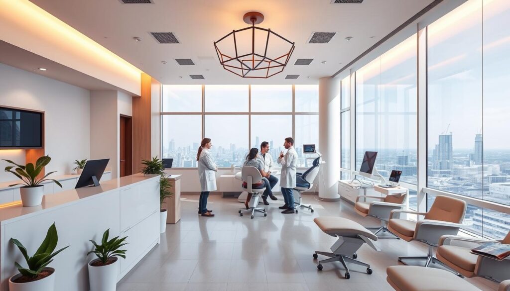 A serene, modern dental clinic interior with warm, natural lighting. The foreground features a sleek, minimalist reception desk and waiting area with potted plants and a stylish geometric light fixture overhead. In the middle ground, a team of dental professionals in crisp white coats consult with patients, using state-of-the-art digital equipment. The background shows a panoramic view of the city skyline through large windows, conveying a sense of professionalism and high-tech expertise. The overall atmosphere is one of clean, contemporary design and efficient, patient-centric care.