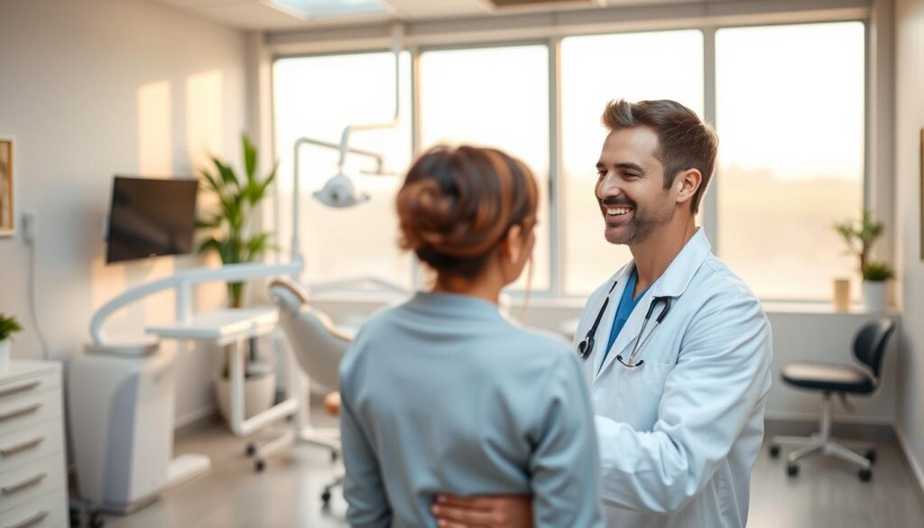 A serene, modern dental office with a warm, inviting atmosphere. In the foreground, a dentist in a white coat warmly greets a patient, their body language conveying care and attentiveness. The middle ground features state-of-the-art dental equipment and soothing pastel-colored decor, creating a sense of comfort and professionalism. The background showcases large windows allowing natural light to flood the space, giving it an airy, calming ambiance. Soft lighting and muted tones evoke a personalized, high-quality dental experience tailored to the patient's needs.