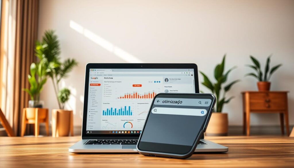 A serene modern office setting with elegant wood furniture and potted plants. In the foreground, a laptop computer displays a search engine optimization (SEO) dashboard, its intricate charts and graphs reflecting the optimization process. The middle ground features a smartphone tilted to reveal a search query, "otimização para mecanismos de busca," while the background showcases a clean, minimalist wall with a large window allowing natural light to stream in, creating a warm, focused atmosphere. The scene is captured with a high-quality camera lens, emphasizing the details and depth of field.