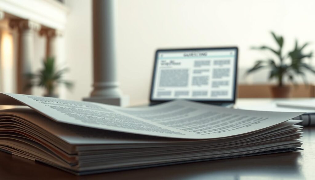 A serene, professional-looking scene depicting dental regulations and policies. In the foreground, a stack of legal documents or official government papers lays open, showcasing intricate legalese and authoritative stamps. Behind it, a series of architectural columns or pillars evoke a sense of institutional authority and oversight. The lighting is soft and warm, creating a serious yet approachable mood. In the middle ground, a subtly blurred image of a laptop or tablet displays dental marketing guidelines, hinting at the practical application of these regulations. The background is a clean, minimalist office setting with neutral tones, suggesting a calm, organized environment where these policies are administered. The overall composition conveys a sense of order, professionalism, and the careful regulation of the dental marketing industry.