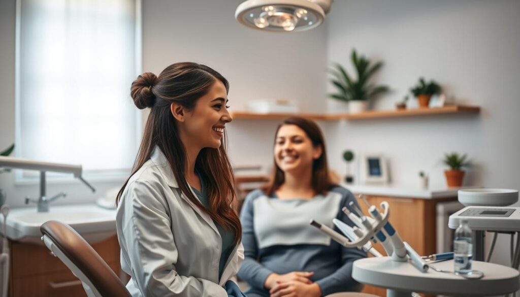 A serene, well-lit dental office setting with a warm, inviting atmosphere. In the foreground, a dentist or dental hygienist engages with a patient, their expressions conveying empathy and care. In the middle ground, an array of dental instruments and equipment, neatly organized, suggests professionalism and attention to detail. The background features a soothing, minimalist decor with natural elements like plants, creating a calming, spa-like ambiance. The overall scene aims to communicate the dentist's commitment to providing a positive and personalized patient experience.