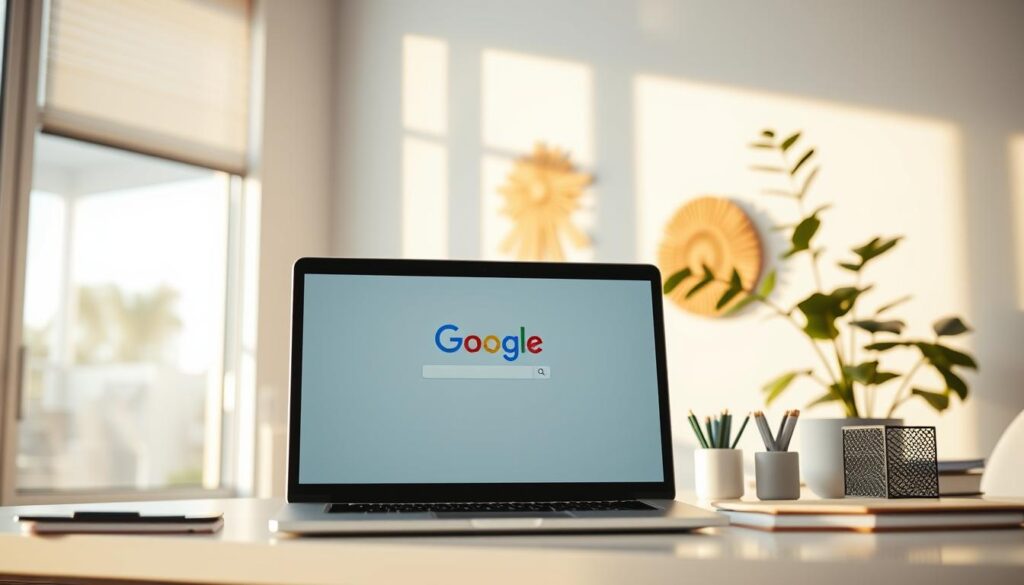 A serene, well-lit office interior with a prominent Google homepage displayed on a laptop screen. Warm, natural lighting filters through large windows, casting a soft glow over the scene. The laptop is positioned on a clean, minimalist desk, surrounded by carefully curated office decor and organization supplies, conveying a sense of professionalism and attention to detail. In the background, a modern, tasteful wall decor and a leafy, potted plant add a touch of greenery, creating a calming, inviting atmosphere. The overall composition emphasizes the importance of a strong online presence and the optimization of a clinic's Google visibility.