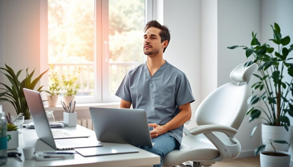 A serene, well-lit office space with a dentist's desk, laptop, and various dental tools meticulously arranged. In the background, a soothing indoor plant and a large window overlooking a peaceful garden. The dentist, dressed in scrubs, sits comfortably in an ergonomic chair, taking deep breaths and practicing mindfulness exercises. Soft, natural lighting illuminates the scene, conveying a sense of tranquility and mental well-being. The overall atmosphere encourages self-care, stress management, and the importance of maintaining a healthy work-life balance for dental professionals.