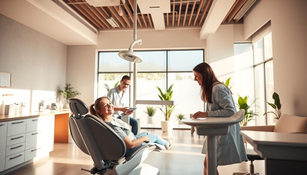 A serene yet modern dental clinic interior, bathed in warm, inviting natural light. In the foreground, a smiling patient sits comfortably in a state-of-the-art dental chair, being attended to by a kind, attentive dentist. The middle ground reveals a sleek, minimalist reception area with a welcoming staff member, while the background showcases a soothing, plant-filled waiting room that exudes a sense of tranquility. The overall atmosphere conveys a high-quality, patient-centric experience, with clean lines, neutral tones, and subtle details that suggest professionalism and care.