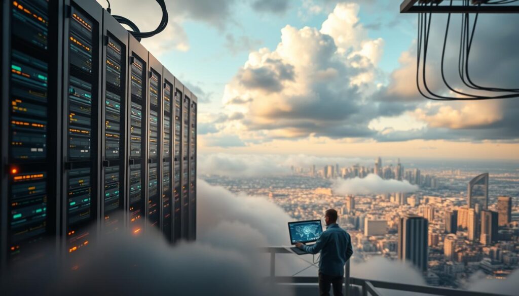 A serene yet secure data center in the clouds, housing sensitive information with vigilant encryption. In the foreground, servers hum with activity, protected by a shimmering energy field. The middle ground shows a team of data analysts monitoring dashboard displays, eyes focused on maintaining the system's integrity. In the background, a panoramic view of a futuristic cityscape, reflecting the advanced technology powering the cloud infrastructure. Warm lighting casts a comforting glow, conveying a sense of reliability and trust. Camera angle is slightly elevated, emphasizing the scale and importance of the data management process.