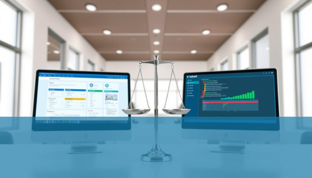 A side-by-side comparison of a free and a paid dental practice management software system. In the foreground, two computer screens display the user interfaces of the respective programs, showcasing their features and functionality. In the middle ground, a balance scale symbolizes the trade-offs between the free and paid options, with the paid version outweighing the free in terms of advanced capabilities. The background depicts a modern, well-lit office setting, with clean lines and a neutral color palette to convey a professional and trustworthy atmosphere. The overall composition highlights the key differences between the free and paid systems, inviting the viewer to consider the advantages and disadvantages of each option.