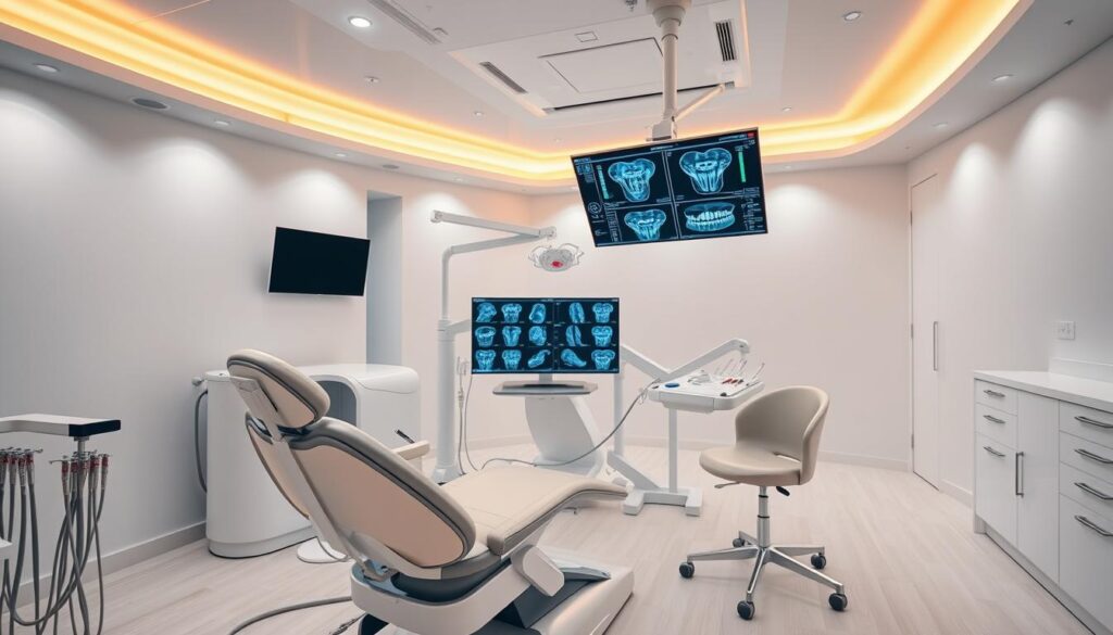 A sleek and modern dental clinic, bathed in warm, directional lighting. In the foreground, a state-of-the-art dental chair and an array of high-tech instruments, their metallic surfaces gleaming. In the middle ground, a panoramic X-ray machine and a digital patient record system, displaying detailed 3D scans. The background reveals a clean, minimalist aesthetic, with smooth, white walls and ergonomic furniture, creating an atmosphere of clinical efficiency and patient comfort. The image conveys the integration of cutting-edge technology into the seamless delivery of exceptional dental care.