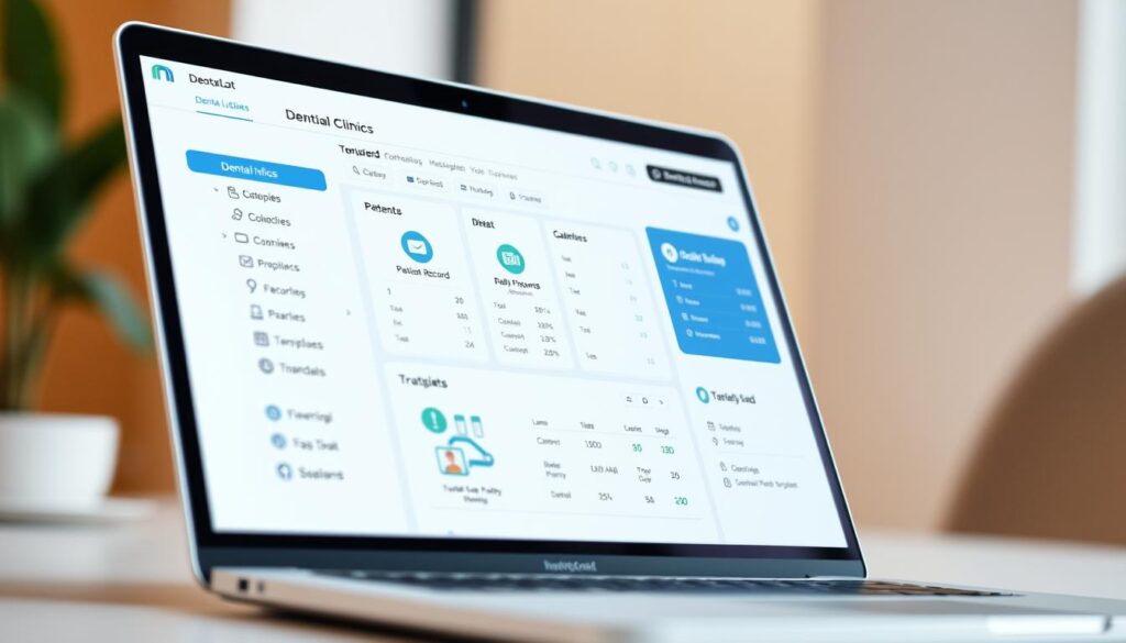 A sleek and modern dental clinic management software interface, displayed on a laptop screen with a clean, minimalist design. The user experience is intuitive, with clear icons and easy-to-navigate menus for scheduling appointments, managing patient records, and accessing financial data. The background features a soft, warm lighting, creating a professional and trustworthy atmosphere. The angle captures the screen at a slight tilt, emphasizing the technology's seamless integration into the clinic's daily operations. The overall composition conveys efficiency, organization, and the clinic's commitment to leveraging cutting-edge digital tools to enhance patient care.