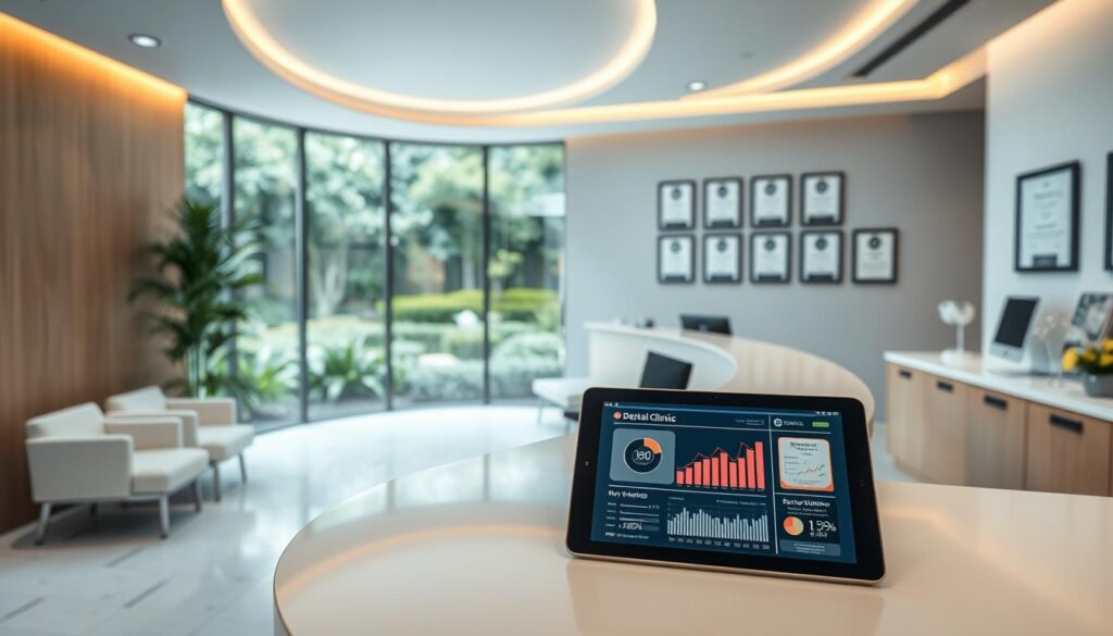 A sleek and modern dental clinic office, with a clean, minimalist aesthetic. The reception area features a curved counter and comfortable seating, with soft lighting and warm wood accents. In the background, a large window offers a view of a lush, landscaped garden. On the counter, a tablet displays financial data and key performance metrics, reflecting the clinic's efficient financial management. The walls are adorned with framed diplomas and certifications, instilling a sense of professionalism and expertise. The overall atmosphere conveys a harmonious balance between clinical functionality and welcoming, patient-centric design.