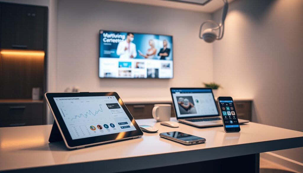 A sleek and modern dental office, bathed in warm, diffused lighting. On the desk, an array of cutting-edge dental management tools - a tablet displaying practice analytics, a laptop with patient management software, a smartphone with a mobile app for appointment scheduling. In the background, a wall-mounted display showcases the practice's online presence and digital marketing materials. The overall atmosphere conveys a sense of technological sophistication and efficiency, creating an environment conducive to optimal dental practice management.