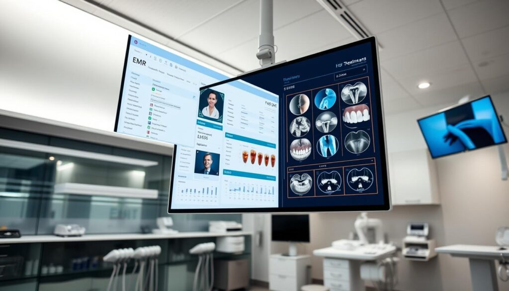 A sleek and modern dental office interior with a prominent electronic medical record (EMR) system displayed on a large, high-resolution touchscreen monitor. The screen showcases a comprehensive dental patient profile, including detailed treatment history, dental charts, and diagnostic images. The interface is clean, intuitive, and optimized for efficient patient data management. Soft, neutral lighting illuminates the space, creating a calming and professional atmosphere. In the background, rows of organized dental equipment and supplies convey a sense of technological capability and medical expertise. The overall scene reflects the seamless integration of cutting-edge digital tools in the dental practice, enhancing patient care and practice management.