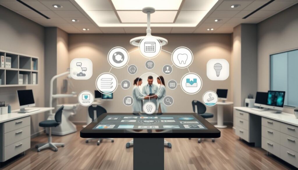 A sleek and modern dental office, with a central hub showcasing a seamless integration of various dental systems. In the foreground, a touchscreen display presents intuitive software interfaces, allowing effortless management of patient records, scheduling, and billing. Surrounding the hub, state-of-the-art dental equipment and workstations are arranged in a clean, organized layout, reflecting the clinic's commitment to efficiency and patient-centric care. The middle ground features healthcare professionals collaborating, sharing data, and optimizing workflows through the interconnected systems. In the background, a soothing, minimalist aesthetic with muted tones and strategic lighting creates a calming, professional atmosphere, conveying the clinic's dedication to providing a superior patient experience.