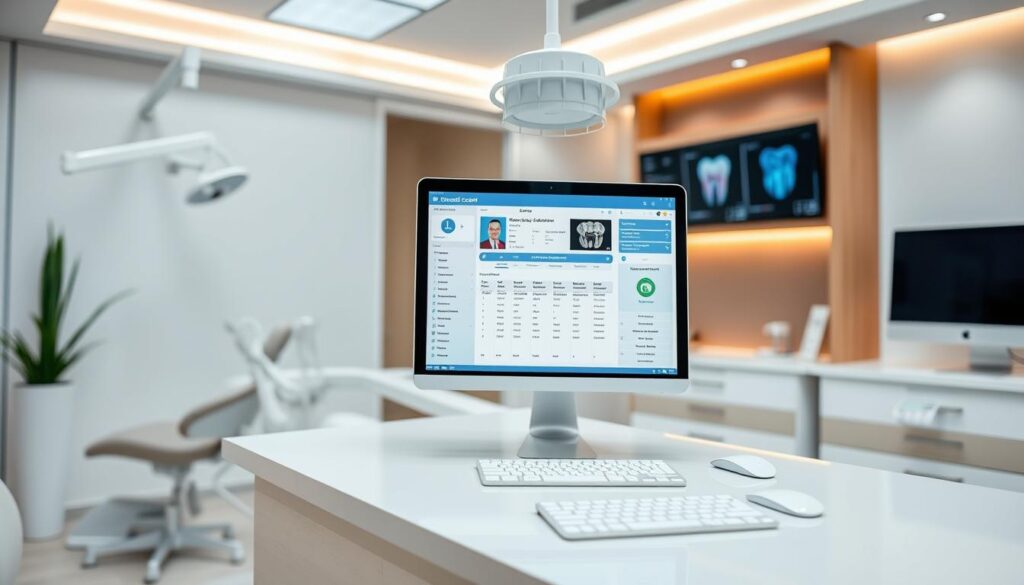 A sleek and modern dental office, with a neatly organized desk showcasing a state-of-the-art electronic medical record system. The screen displays detailed patient information, treatment plans, and integrated diagnostic imaging. In the background, a clean and minimalist design with warm lighting, creating a professional and comfortable atmosphere. The scene conveys the seamless integration of technology and patient-centric care, reflecting the advancements in dental practice management.