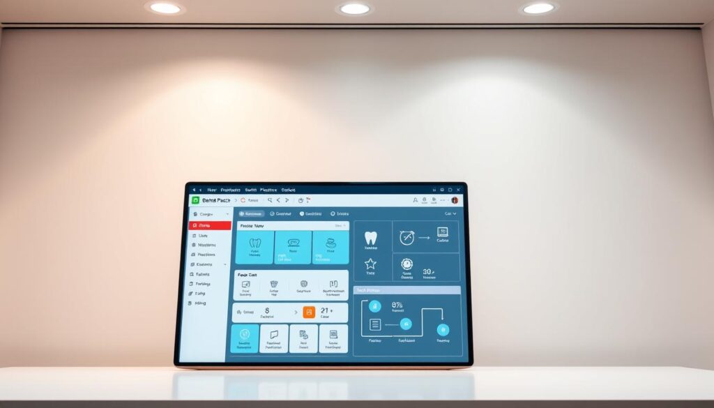 A sleek and modern dental practice software interface, showcased against a clean, minimalist backdrop. The software dashboard is prominently displayed, featuring intuitive icons and user-friendly menus for seamless patient management, appointment scheduling, and billing. Subtle lighting from above casts a warm, professional glow, highlighting the software's elegant design and attention to detail. The overall atmosphere conveys a sense of efficiency, organization, and a commitment to providing top-quality dental care through the use of cutting-edge practice management technology.