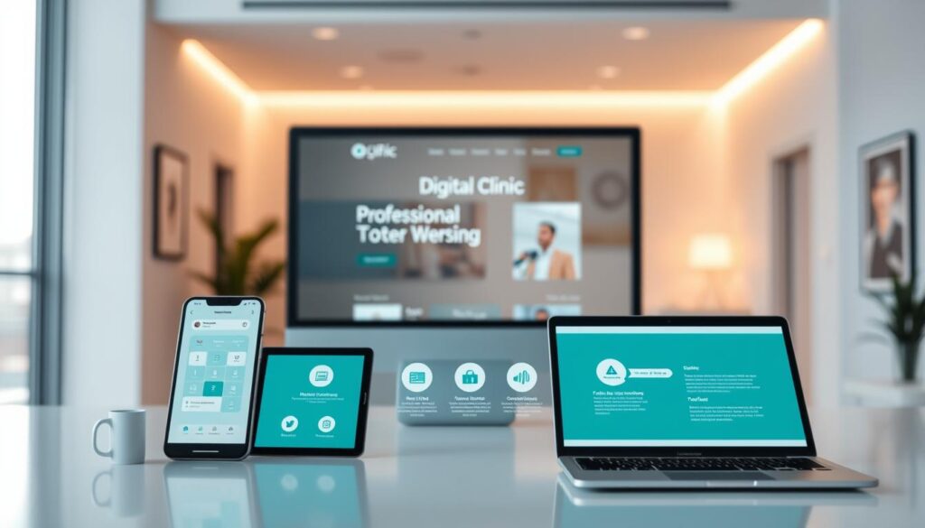 A sleek and modern digital clinic with a clean, minimalist aesthetic. In the foreground, a stylized representation of various digital channels - a smartphone, a tablet, a laptop, and social media icons. The middle ground features a holistic view of the clinic's web presence, including a professional website, online scheduling, and patient communication tools. In the background, a warm, indirect lighting illuminates the scene, creating a sense of professionalism and innovation. The overall mood is one of efficiency, technology, and a commitment to providing patients with a seamless and accessible digital experience.