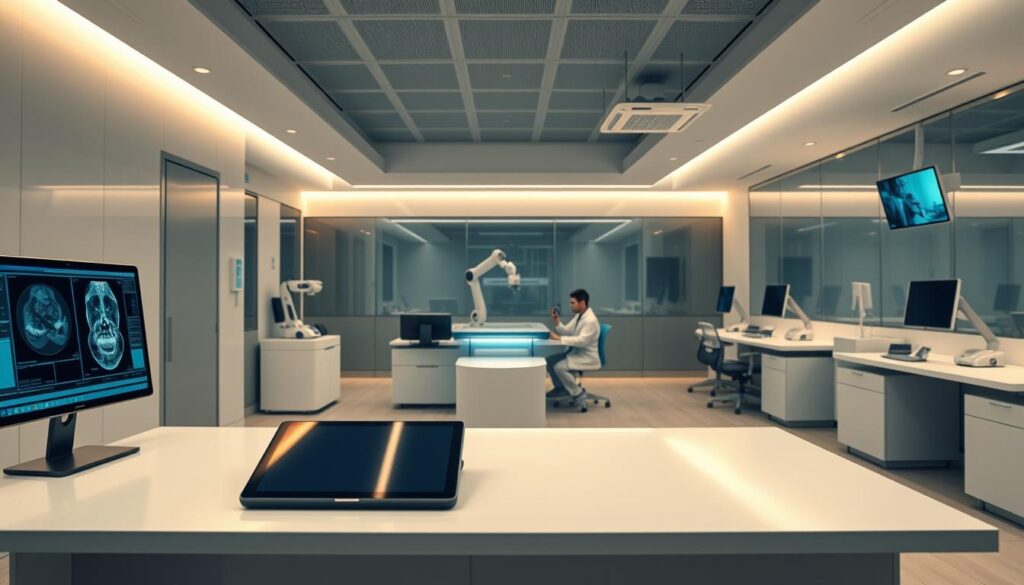 A sleek and modern medical clinic interior, with a central desk showcasing a variety of cutting-edge technological tools. In the foreground, a touchscreen display, a digital patient records system, and a high-resolution medical imaging monitor. On the desk, a state-of-the-art tablet and stylus for seamless patient interactions. The middle ground reveals a 3D printer for custom medical devices, a robotic arm for precise procedures, and a voice-controlled digital assistant. The background highlights a advanced telemedicine setup, with camera-equipped workstations and a secure video conferencing system. The entire scene is bathed in a warm, calming lighting that creates a professional yet welcoming atmosphere.