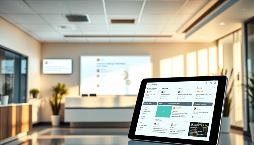 A sleek and modern medical office, its reception area bathed in warm, natural lighting. On the walls, a digital display showcases glowing patient reviews, highlighting the clinic's exceptional reputation and attentive care. In the foreground, a tablet device displays a comprehensive dashboard, allowing the staff to monitor and manage their online presence. The atmosphere is one of professionalism, trust, and a commitment to delivering an exceptional patient experience.