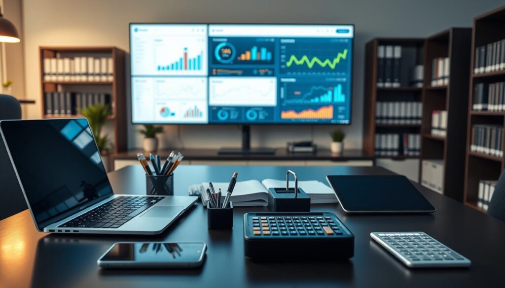A sleek and modern office setting featuring a desktop workspace with an array of essential tools for clinic management. In the foreground, a laptop, smartphone, and tablet are neatly arranged, showcasing intuitive software for patient records, scheduling, and billing. The middle ground includes a desk organizer with pens, notepads, and a calculator, symbolizing the organization and attention to detail required for successful clinic operation. In the background, bookshelves filled with reference materials and a large monitor displaying analytics dashboards provide a sense of professionalism and data-driven decision making. Indirect lighting casts a warm, productive glow, capturing the efficient and well-managed atmosphere of a thriving dental clinic.